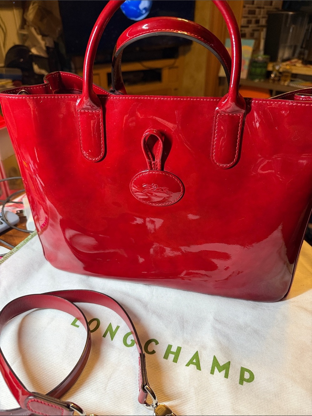 Longchamp Red Patent Leather Tote with Detachable Strap